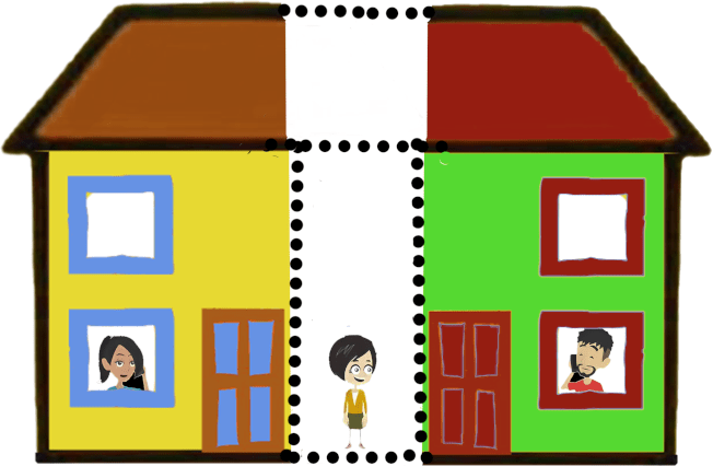 Mum and dad in separate but joined terraced houses looking unhappy, with their young child stuck in the middle, between both houses